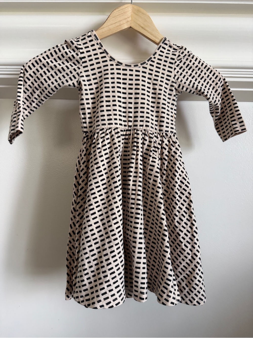 Girls' Beige Dress with Black Geometric Print - Long Sleeve Casual Dress